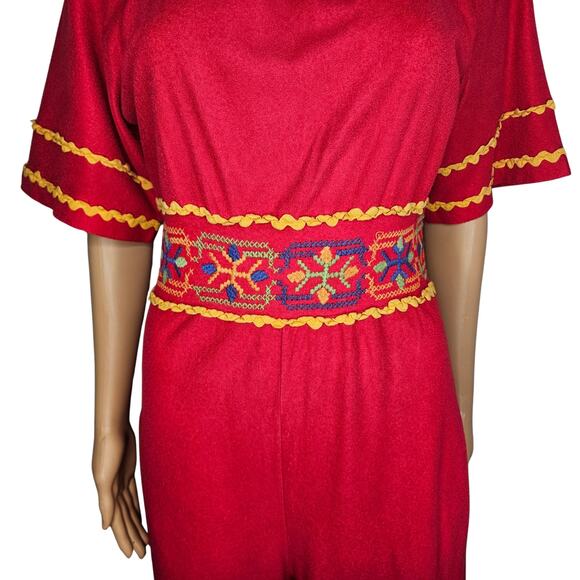 1990s Embroidered Red Katz Culotte Short Sleeve Romper Long Back Zipper Size Sm - Picture 4 of 14